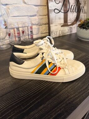Tory Sport Cream Leather Sneakers with Multicolor Stripe Accents